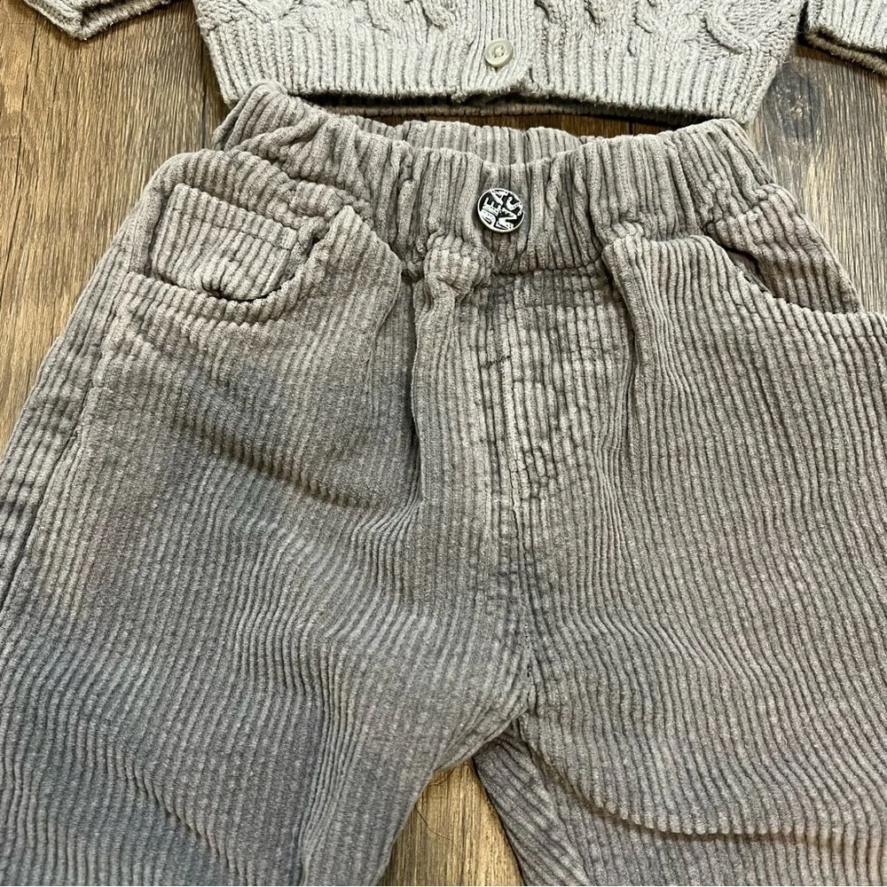 Kids Button Down Gray Knitted Cardigan and Corduroy Pants Size 18-24 Months